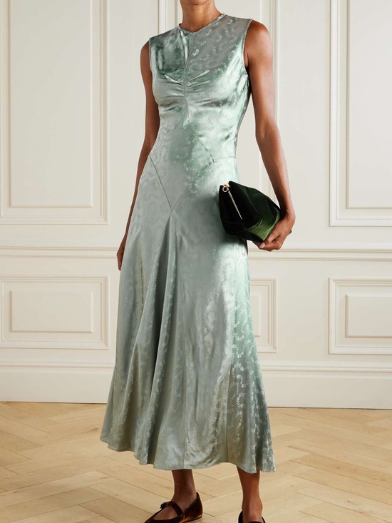 Doen Dresses & Skirts - DOEN Ginette Paneled Floral Jacquard Satin Midi Dress Sz Medium Dusty Jade Green